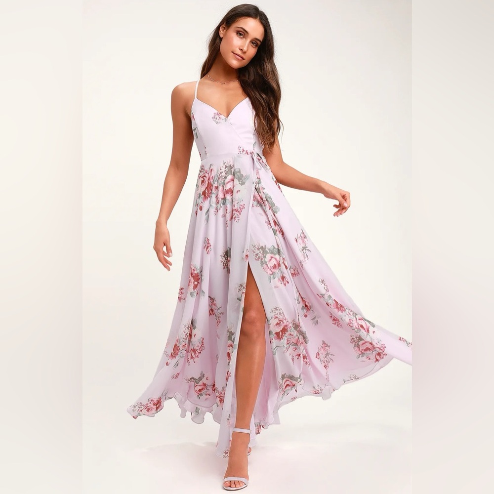 Lulu's Elegantly Inclined Lavender Floral Print Wrap Maxi Dress (XS)